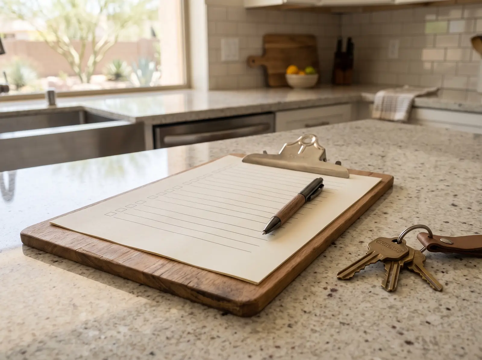 Clipboard with a blank checklist form and a pen resting on a clean kitchen counter in an Arizona home, a set of house keys beside it,...