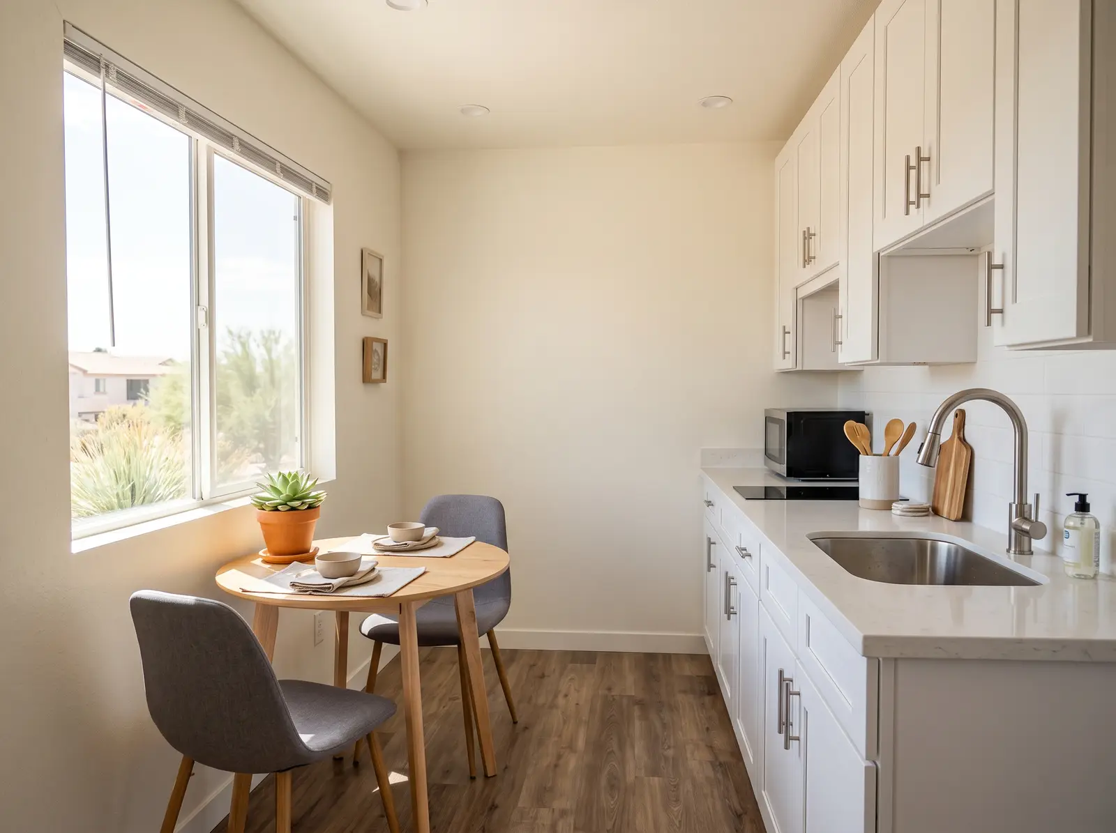 Small, clean modern apartment kitchen and dining nook in Mesa, Arizona