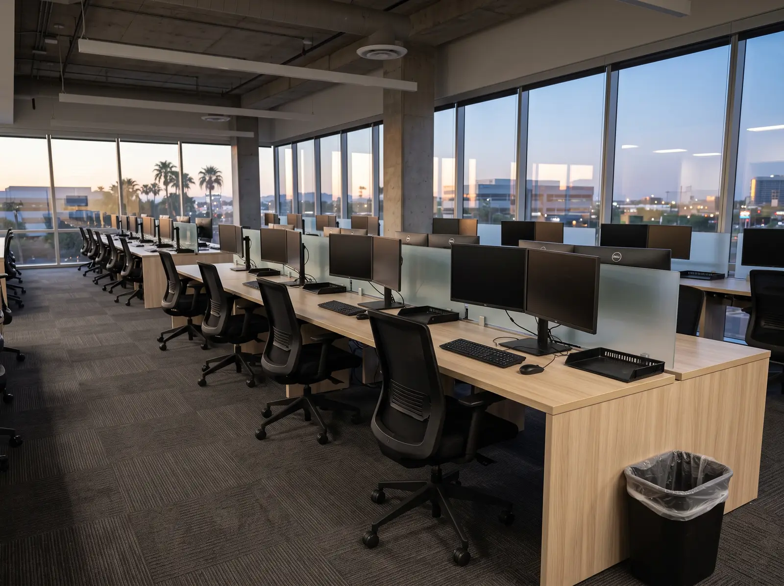 Rows of clean, empty workstations in a modern Tempe, Arizona office after an evening janitorial visit