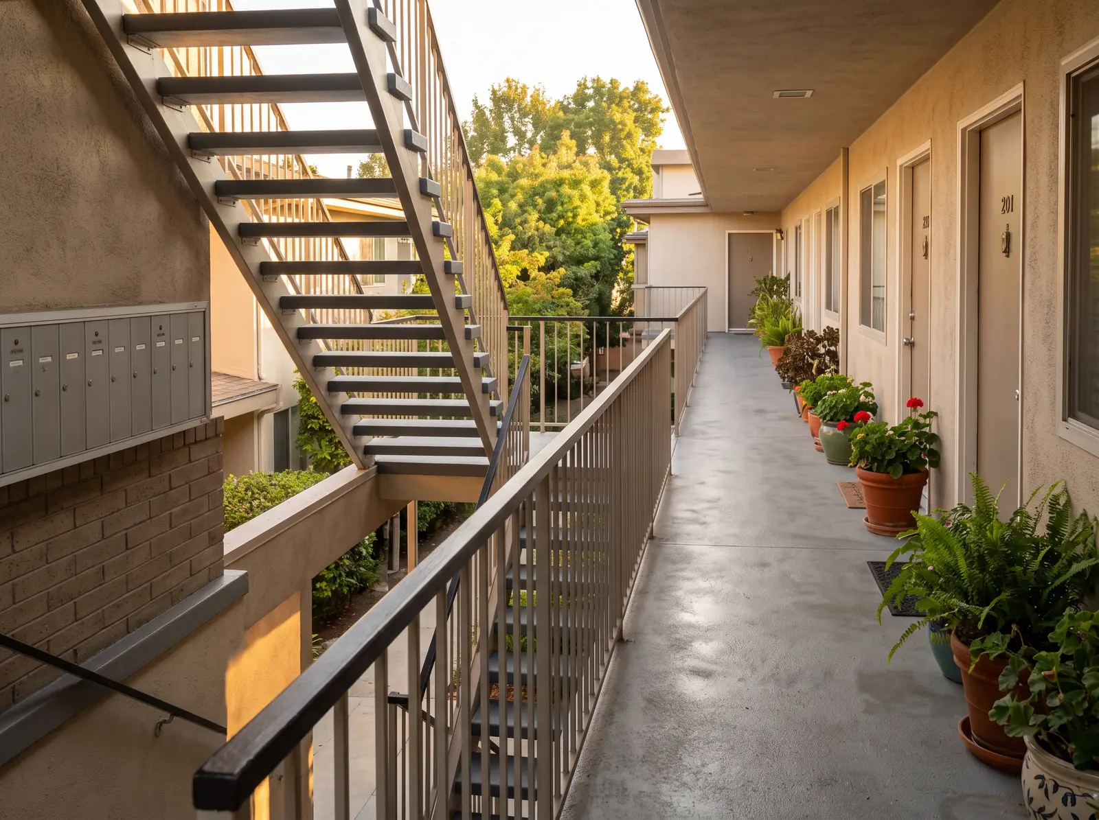 Apartment community breezeway with a swept concrete walkway, wiped railings and painted stair treads