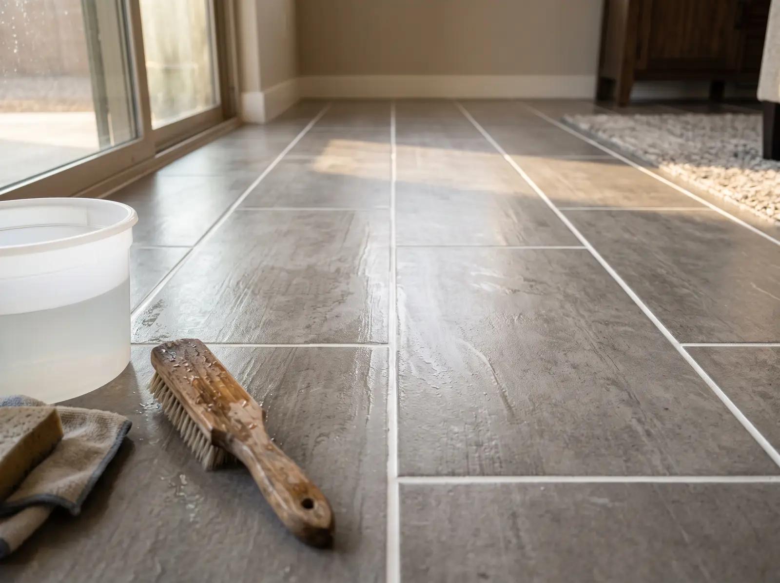 Low-angle detail of a freshly scrubbed porcelain tile floor with bright white grout lines in an Arizona home, a wooden grout brush and a...