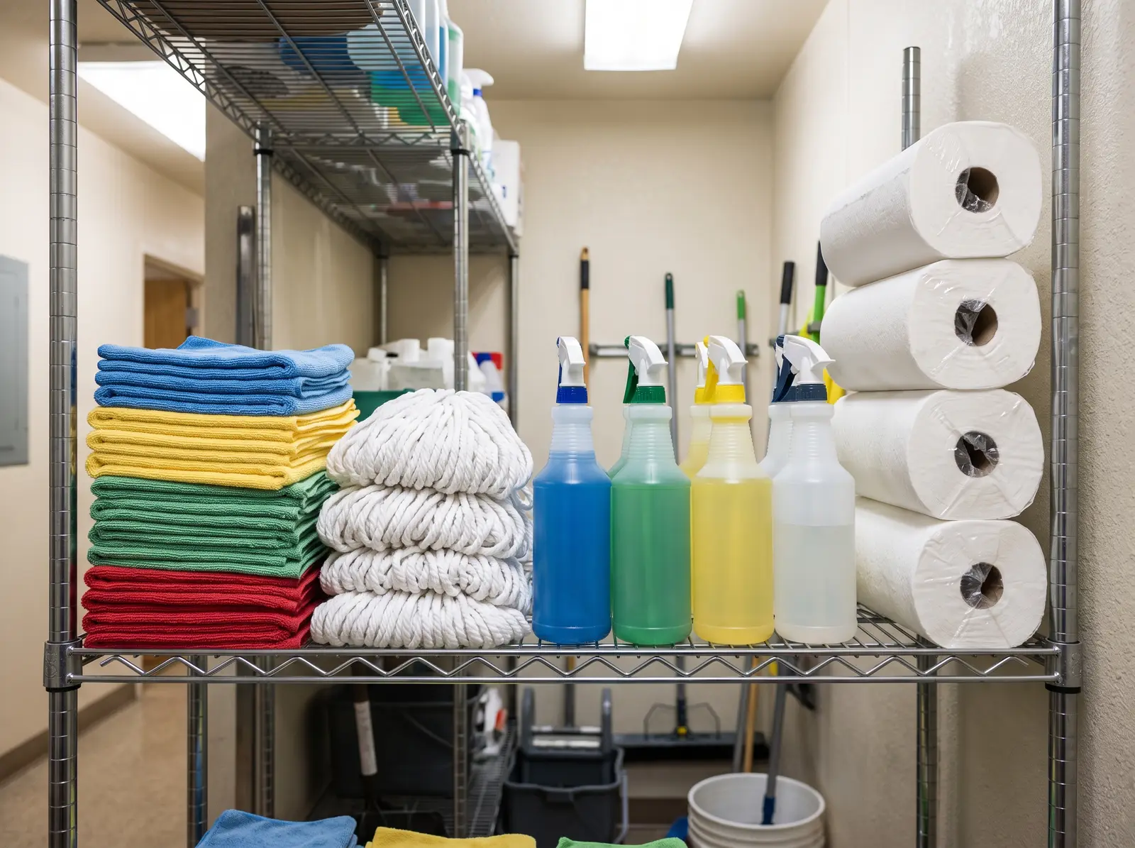 Neatly stocked janitorial supply closet shelf