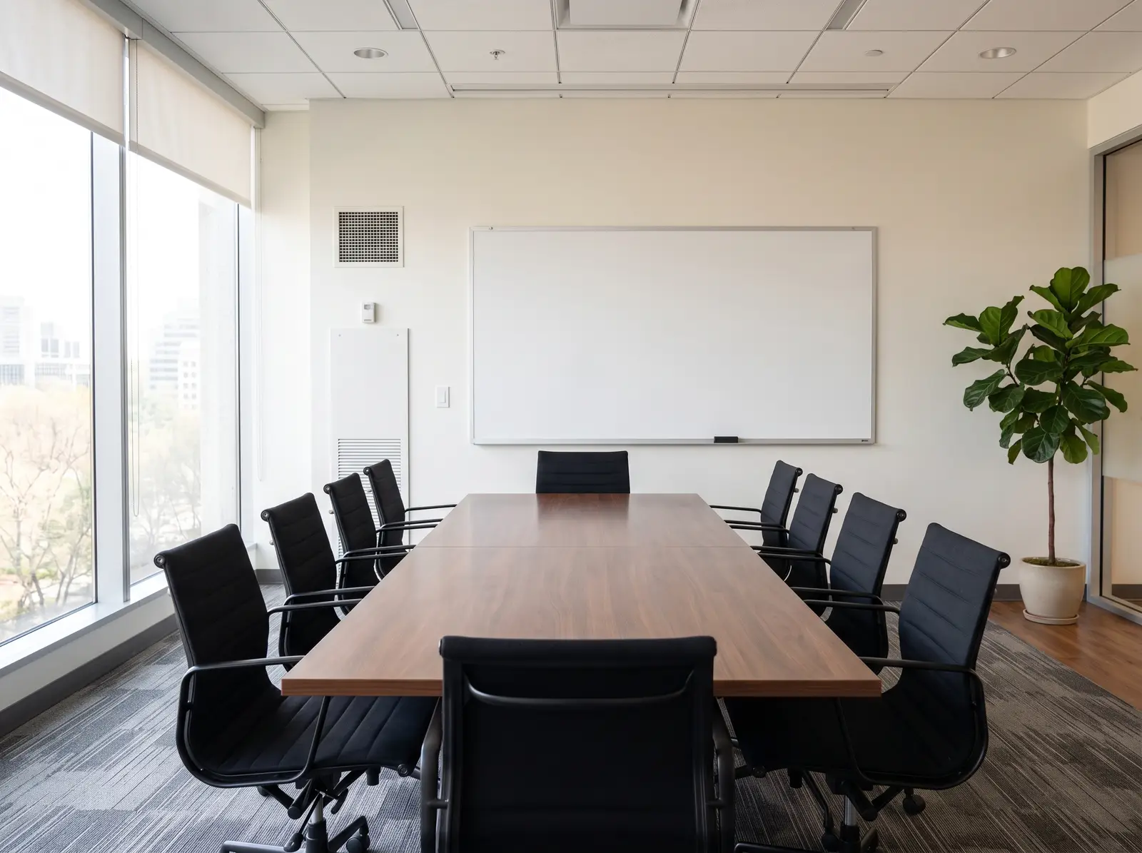 Wiped office conference table with chairs pushed in evenly, a clean blank whiteboard on the wall, a dusted potted plant in the corner, a...