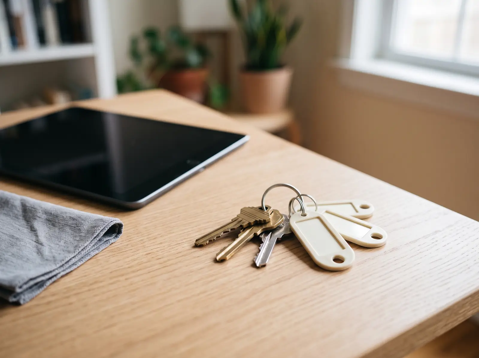 Ring of unit keys with blank tags on a clean desk beside a tablet with a dark screen and a folded cloth, shallow depth of field, soft...