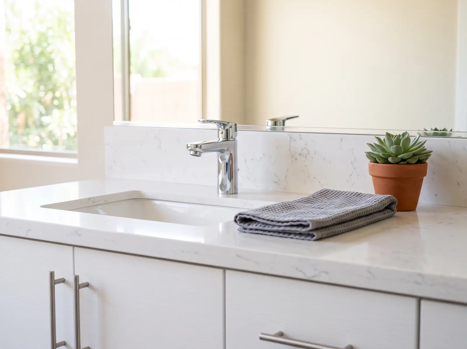 A wiped-down bathroom vanity in an Arizona home