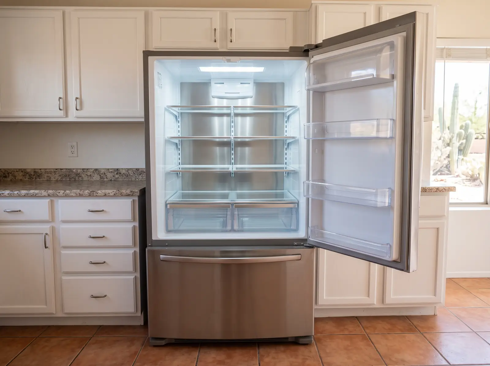 Open, empty stainless steel refrigerator in a vacant Arizona rental kitchen, its glass shelves and drawers wiped spotless and gleaming...