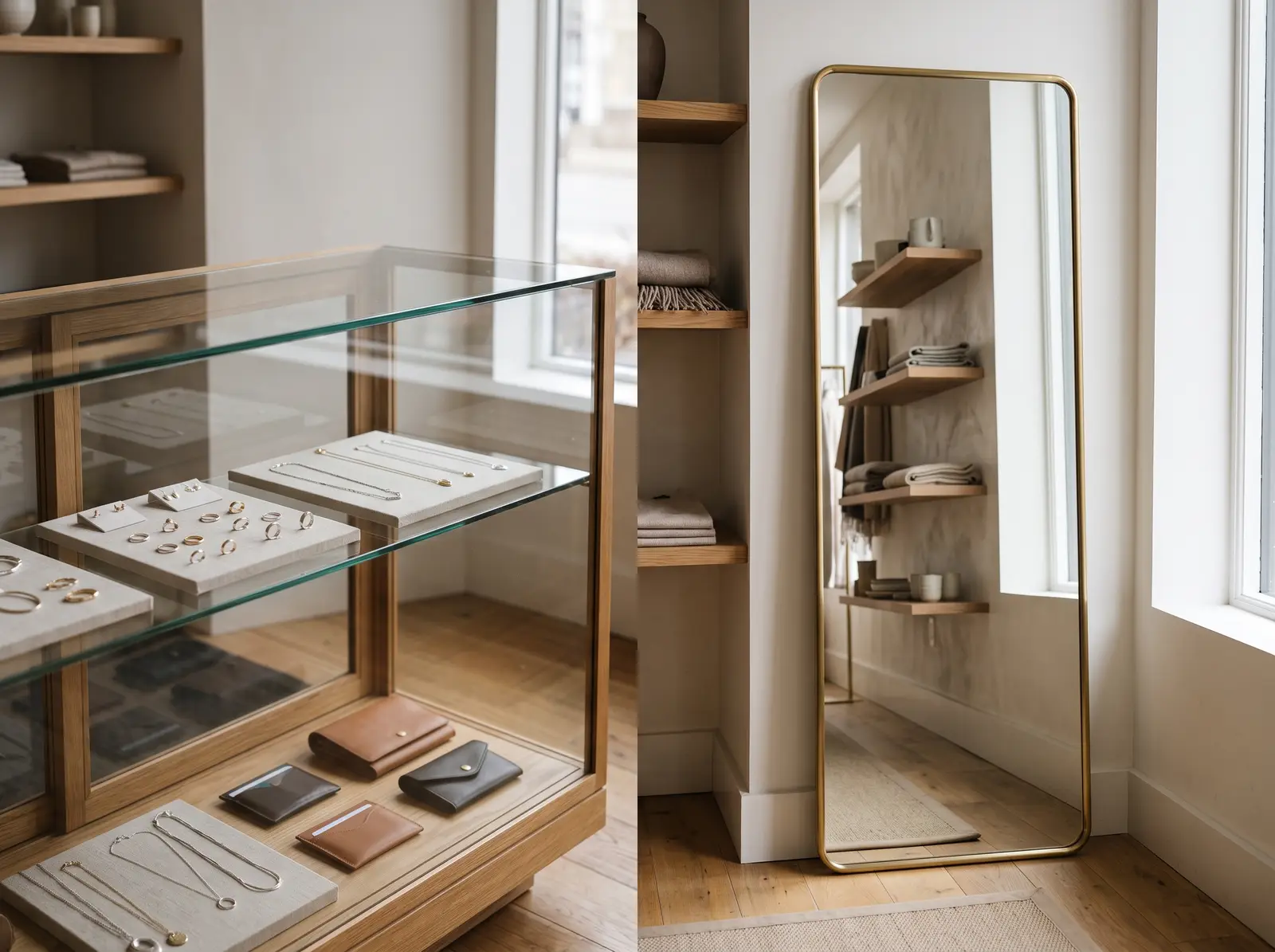 A polished glass retail display case and a spotless full-length mirror in a boutique, wood shelving dusted, soft morning light, no...