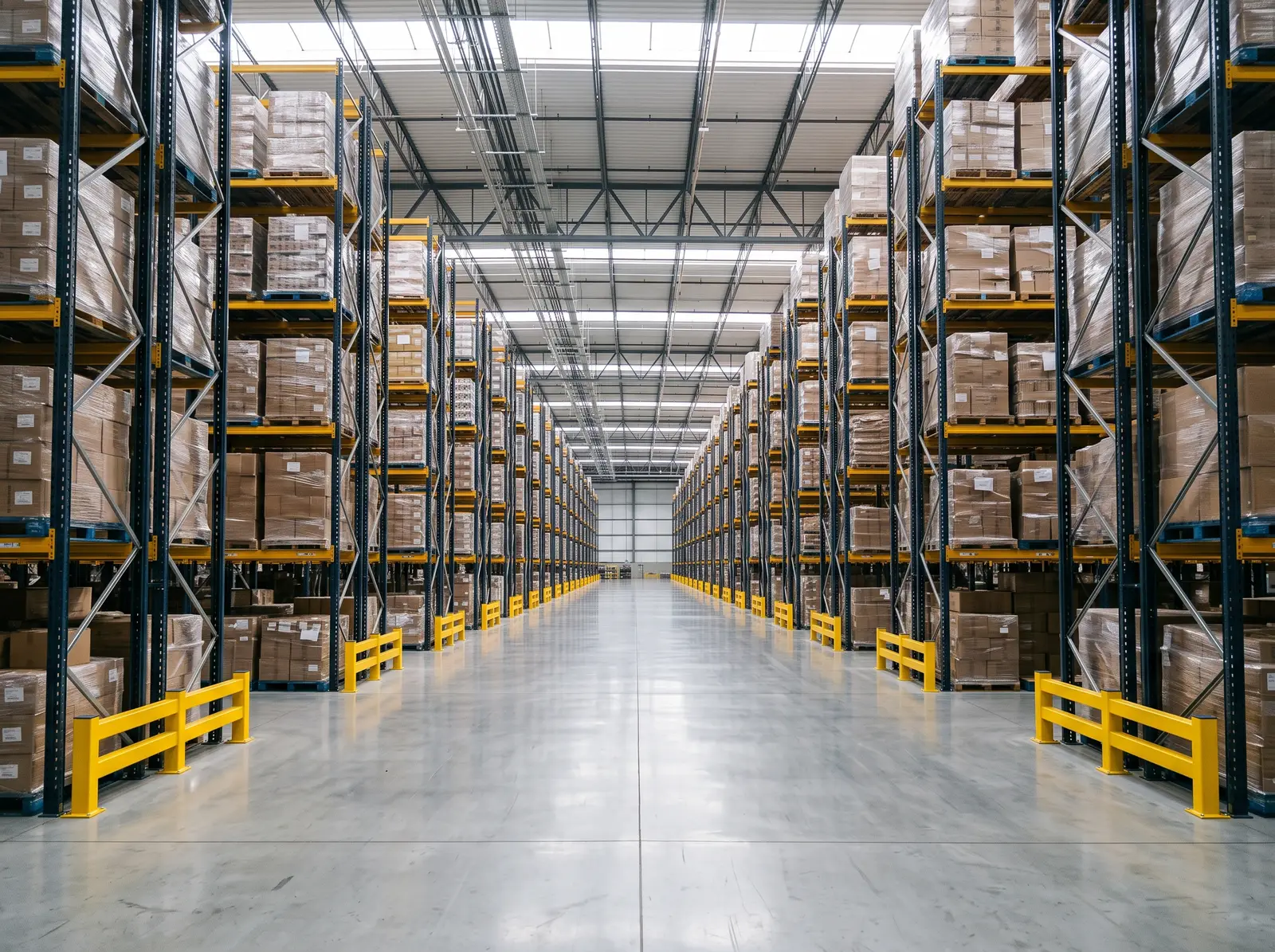 Wide, empty warehouse aisle with tall pallet racking, the sealed concrete floor freshly swept and scrubbed, clean yellow guard rails,...